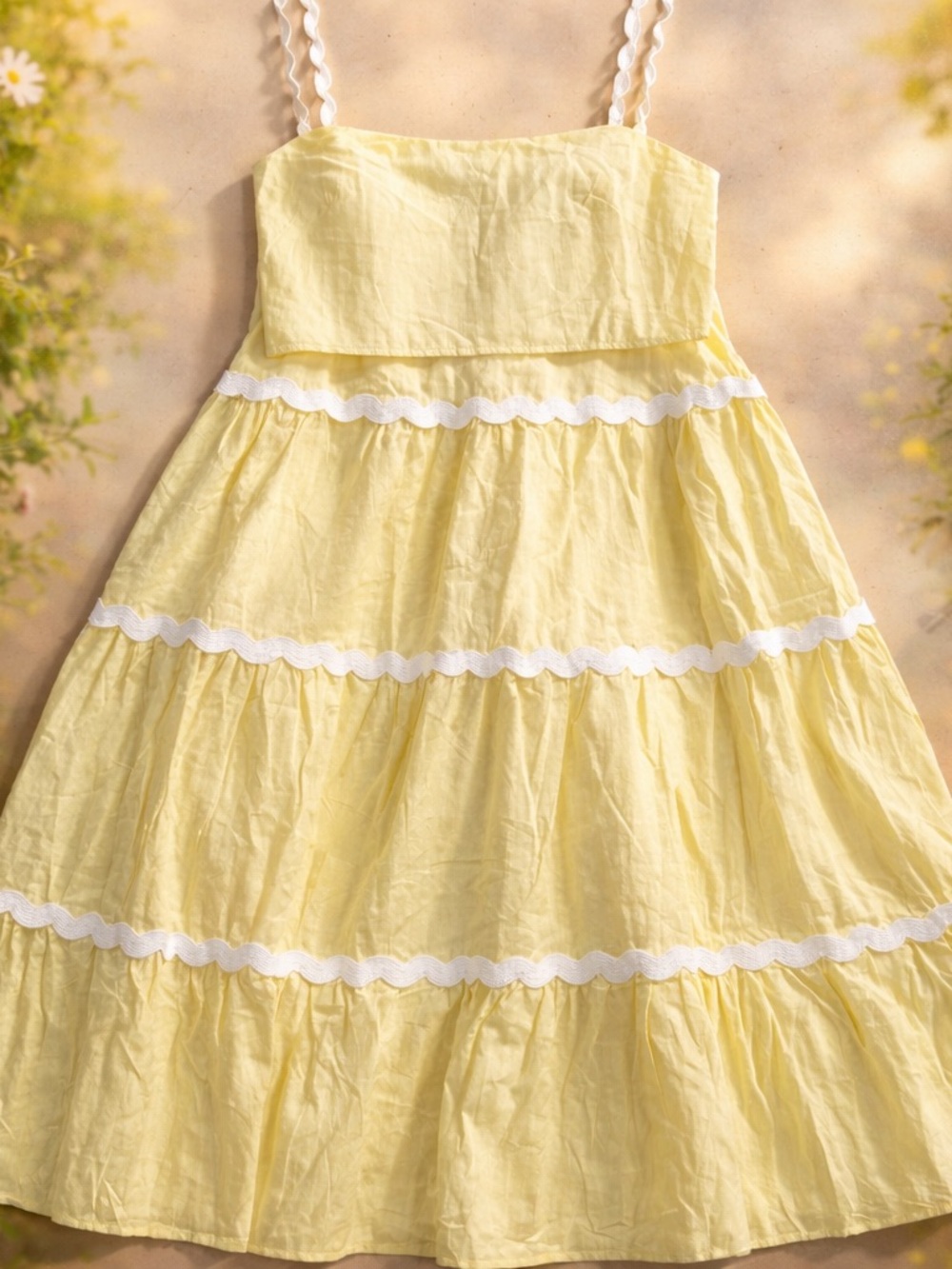 Yellow 2pcs Tiered Maxi Skirt with White Trim and matching Top - Picture 3 of 7